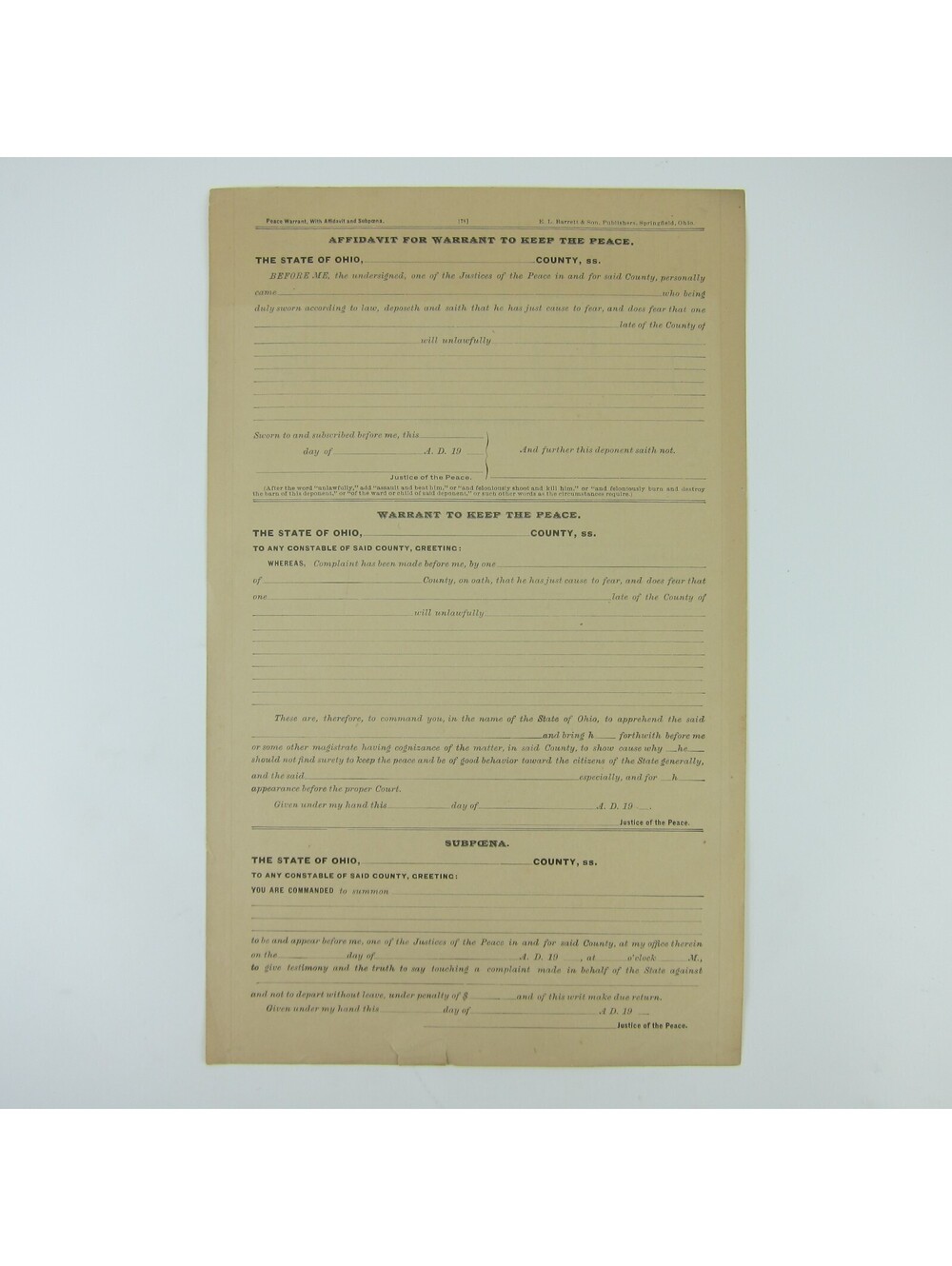 Ohio Peace Warrant Affidavit & Subpoena Record Form Blank Antique 1900-10s RARE